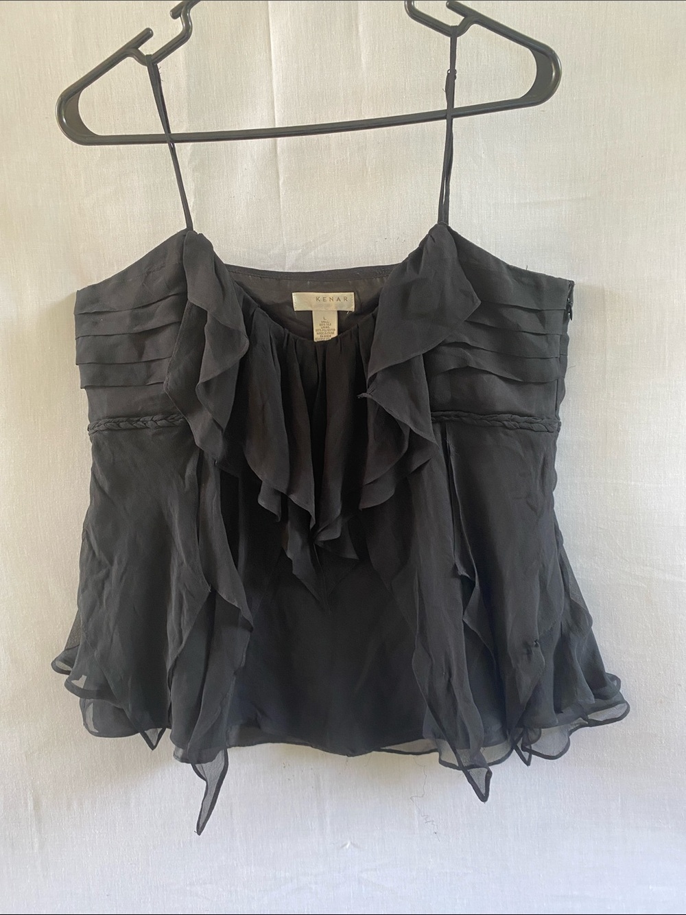 KENAR Black Ruffle Chiffon Spaghetti Strap Camisole